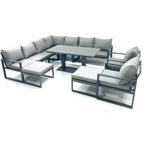 Fimous 11 Seater Outdoor Aluminum Garden Furniture Set Corner Sofa 2 Chair 2 Big Footstools Adjustable Rising Lifting Dining Table Sets Dark Grey (1/5)