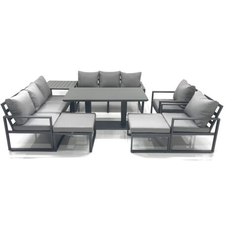 Fimous Garden Sofa Set Aluminium Furniture Rising Dining Tabe Set with 2 Chair 2 Big Footstool Side Table Dark Grey (1/5)
