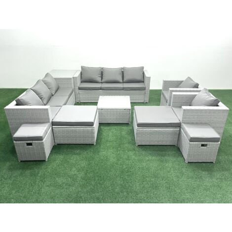 Fimous Garden Outdoor Furniture Set 12 Seater Rattan Sofa Set with 4 Footstools Side Table Light Grey Mixed (1/5)