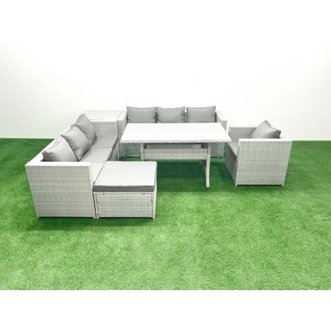 Fimous 6 Pieces Outdoor Rattan Sofa Set with Cushions Patio Garden Furniture Sets with Armchair Dining Table Side Table Big Footstool (1/5)
