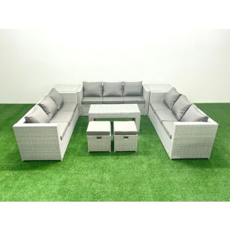 Fimous Rattan Garden Outdoor Furniture Set 11 Seater Garden Sofa Oblong Coffee Table Set with 2 Small Footstool 2 Side Tables Light Grey Mixed (1/5)