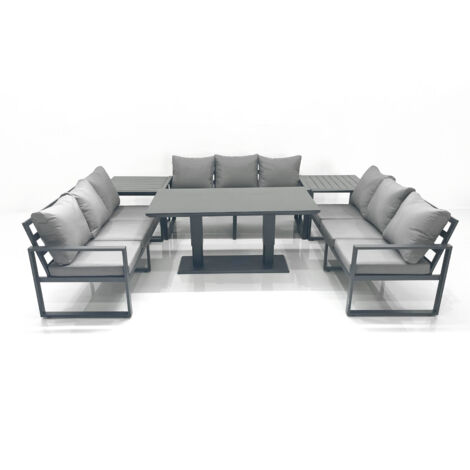 Fimous 9 Seater Garden Sofa Set Aluminium Furniture Rising Dining Tabe Set with 2 Side Tables Dark Grey (1/5)