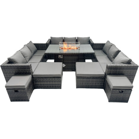 Fimous Rattan Garden Furniture Firepit Dining Set 13 Seater Lounge Sofa Table Set with 4 Footstools