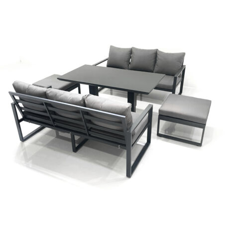 Fimous 8 Seater Aluminium Outdoor Garden Furniture Set with Adjustable Rising Lifting Dining Table 3 Seater Sofa 2 Big Footstool Dark Grey