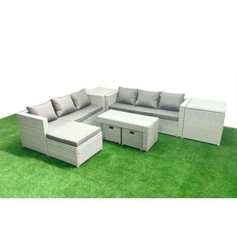 Fimous 9 Seater Garden Outdoor Rattan Furniture Set Rattan Garden Sofa Oblong Coffee Table with 3 Footstools 2 Side Tables Light Grey Mixed (1/5)