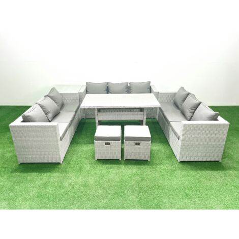Fimous Rattan Garden Outdoor Furniture Set 11 Seater Garden Sofa Rectangulr Dining Table Set with 2 Small Footstool Side Table Light Grey Mixed