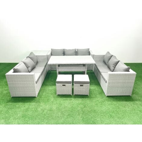 Fimous Rattan Garden Outdoor Furniture Set 11 Seater Garden Sofa Rectangulr Dining Table Set with 2 Small Footstool Side Table Light Grey Mixed