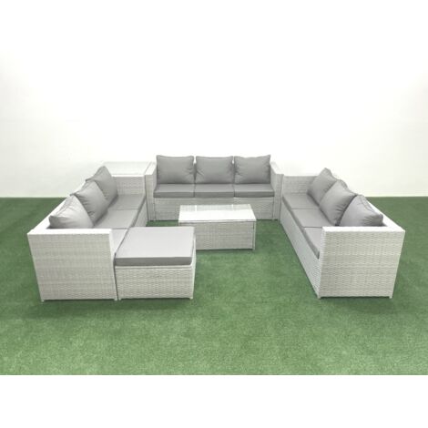 Fimous Rattan Garden Outdoor Furniture Set 10 Seater Garden Sofa Coffee Table Set with Big Footstool Side Table Light Grey Mixed (1/5)