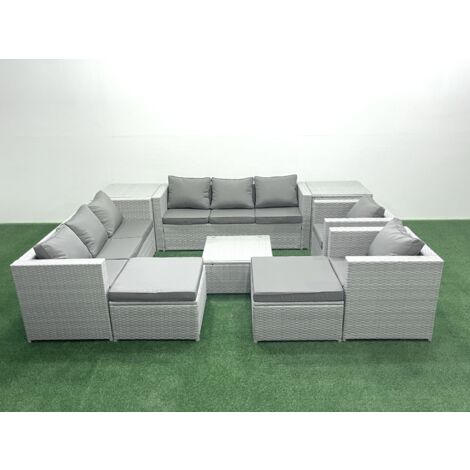 Fimous Outdoor Rattan Sofa Garden Furniture Set with 2 Armchairs Square Coffee Table 2 Big Footstools 2 Side Tables Light Grey Mixed (1/5)