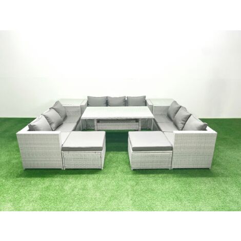 Fimous Rattan Garden Outdoor Furniture Set 11 Seater Garden Sofa Rectangulr Dining Table Set with 2 Big Footstools 2 Side Tables Light Grey Mixed (1/5)