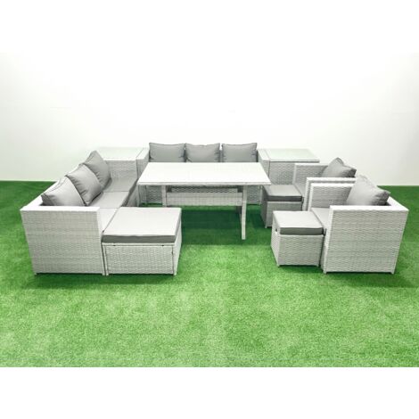 Fimous Rattan Garden Furniture Set Outdoor 8 Seater Patio Dinin g Sofa Sets with Dining Table 2 Chairs 2 Side Tables 3 Footstools Light Grey Mixed (1/5)