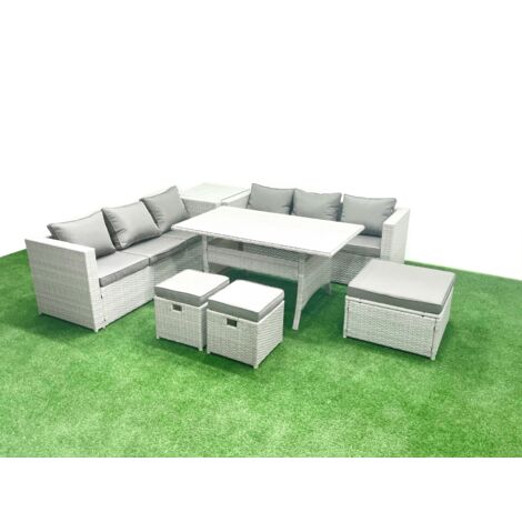 Fimous Rattan Garden Furniture Set 9 Seater Outdoor Sofa Set with Dining Table Side Table 3 Footstools Light Grey Mixed (1/5)