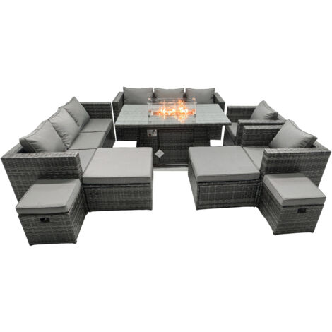 Fimous Rattan Garden Furniture Firepit Dining Set 12 Seater Lounge Sofa Table Set with 2 big Footstool