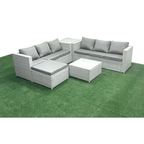 Fimous Rattan Garden Outdoor Furniture Set 7 Seater Rattan Garden Sofa Set with Big Footstool Side Table Light Grey Mixed (1/5)