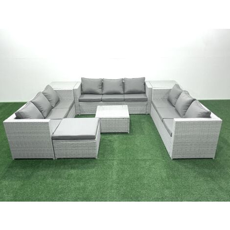 Fimous Rattan Garden Outdoor Furniture Set 10 Seater Rattan Garden Sofa Set with Big Footstool 2 Side Tables Light Grey Mixed (1/5)