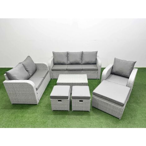 Fimous Patio PE Wicker 9 Seater Outdoor Rattan Furniture Sofa Sets with Rectangular Coffee Table Reclining Chair Loveseat Sofa 3 Seater Sofa Stool Light Grey (1/5)