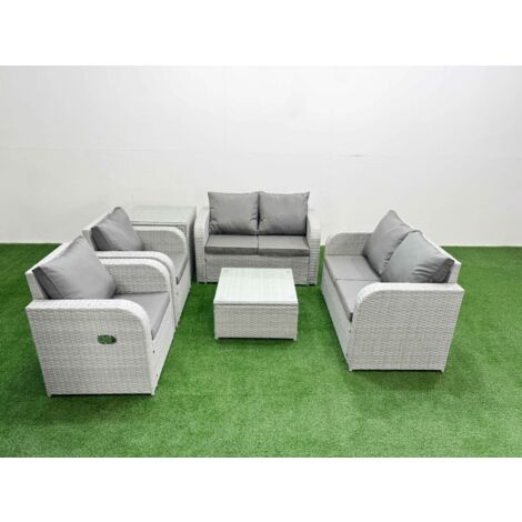 Fimous 6 Seater Outdoor Reclining Chair Love Sofa Set Rattan Garden Furniture Set with Square Coffee Table Side Table Light Grey (1/5)