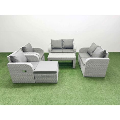 Fimous 7 Seater Outdoor Reclining Chair Love Sofa Set Rattan Garden Furniture Set with Oblong Coffee Table Footstool Light Grey (1/5)