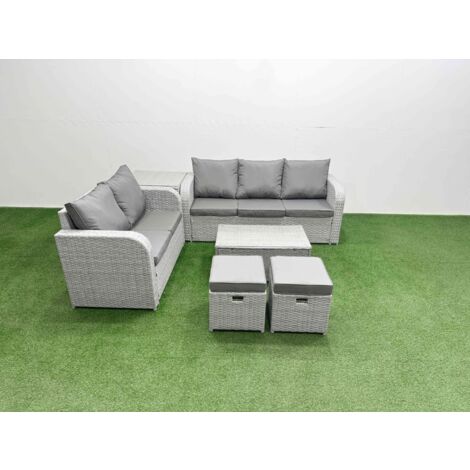 Fimous 7 Seater PE Rattan Wicker Garden Furniture Patio Conservatory Sofa Set with Rectangular Coffee Table 3 Seater Sofa Love Sofa 2 Stools Side Table (1/5)