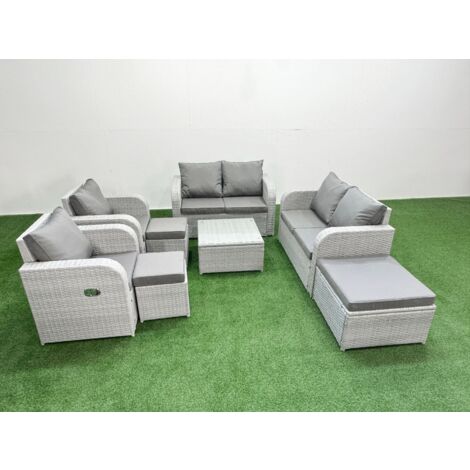 Fimous 9 Seater Outdoor Reclining Chair Love Sofa Set Rattan Garden Furniture Set with Square Coffee Table 3 Stools Light Grey (1/5)