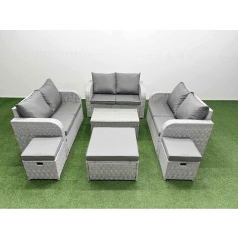 Fimous 8 Seater PE Wicker Rattan Furniture Sofa Sets with Rectangular Coffee Table 2 Seater Love Sofa 2 Stool 2 Side Table Light Grey (1/5)