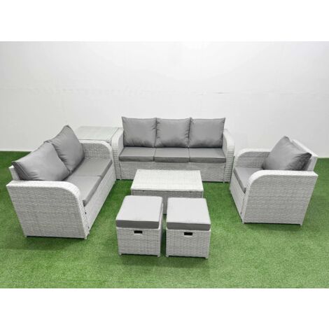 Fimous Patio PE Wicker 8 Seater Outdoor Rattan Furniture Sofa Sets with Rectangular Coffee Table Reclining Chair Loveseat Sofa 3 Seater Sofa Stool Side Table Light Grey (1/5)