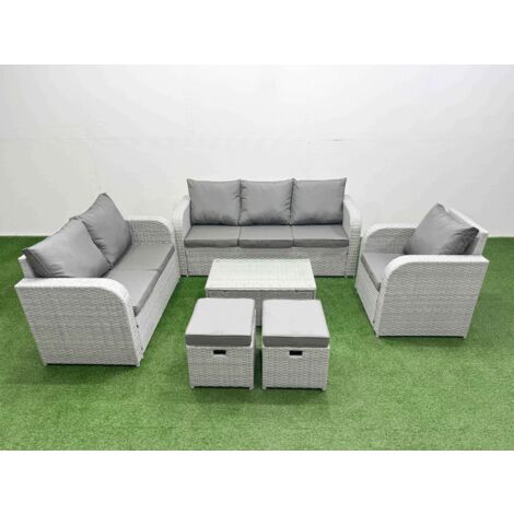 Fimous Patio PE Wicker 8 Seater Outdoor Rattan Furniture Sofa Sets with Rectangular Coffee Table Reclining Chair Loveseat Sofa 3 Seater Sofa Stool Light Grey (1/5)