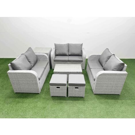 Fimous 7 Seater PE Wicker Rattan Furniture Sofa Sets with Rectangular Coffee Table 2 Seater Love Sofa Big Footstool 2 Side Table Light Grey (1/5)