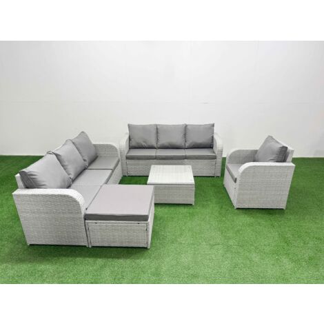 Fimous 8 Seater Poly Rattan Outdoor Garden Furniture Square Coffee Table Sofa Set Patio 3 Seater Sofa Reclining Chair 3 Seater Sofa Big Footstool Light Grey (1/5)
