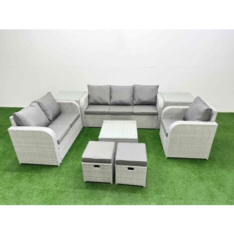 Fimous Patio PE Wicker 8 Seater Outdoor Rattan Furniture Sofa Sets with Square Coffee Table Reclining Chair Loveseat Sofa 3 Seater Sofa Stool 2 Side Table Light Grey (1/5)