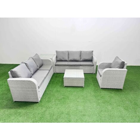 Fimous 7 Seater Poly Rattan Outdoor Garden Furniture Square Coffee Table Sofa Set Patio 3 Seater Sofa Reclining Chair 3 Seater Sofa Side Table Light Grey (1/5)
