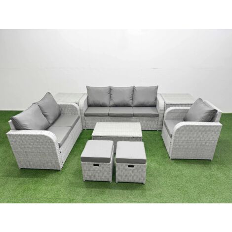 Fimous Patio PE Wicker 8 Seater Outdoor Rattan Furniture Sofa Sets with Rectangular Coffee Table Reclining Chair Loveseat Sofa 3 Seater Sofa Stool 2 Side Table Light Grey (1/5)