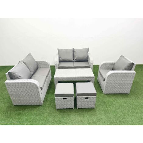 Fimous High Back Poly Rattan Garden Furniture Set with Reclining Chair Loveseat Sofa Oblong Coffee Table Indoor Outdoor Patio Set 2 Stool Light Grey (1/5)