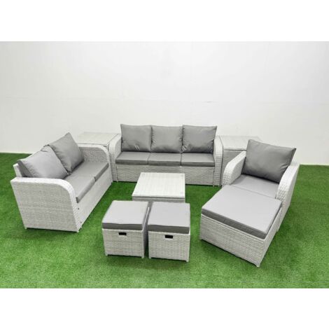 Fimous Patio PE Wicker 9 Seater Outdoor Rattan Furniture Sofa Sets with Square Coffee Table Reclining Chair Loveseat Sofa 3 Seater Sofa Stool 2 Side Table Light Grey (1/5)