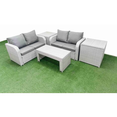 Fimous 4 Seater Outdoor Love Sofa Set Rattan Garden Furniture Set with Oblong Coffee Table 2 Side Tables Light Grey (1/5)
