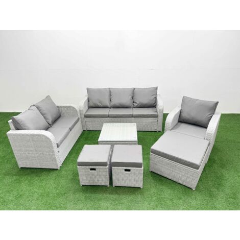 Fimous Patio PE Wicker 9 Seater Outdoor Rattan Furniture Sofa Sets with Square Coffee Table Reclining Chair Loveseat Sofa 3 Seater Sofa Stool Light Grey (1/5)