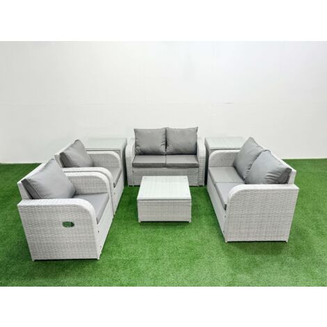 Fimous 6 Seater Outdoor Reclining Chair Love Sofa Set Rattan Garden Furniture Set with Square Coffee Table 2 Side Tables Light Grey (1/5)