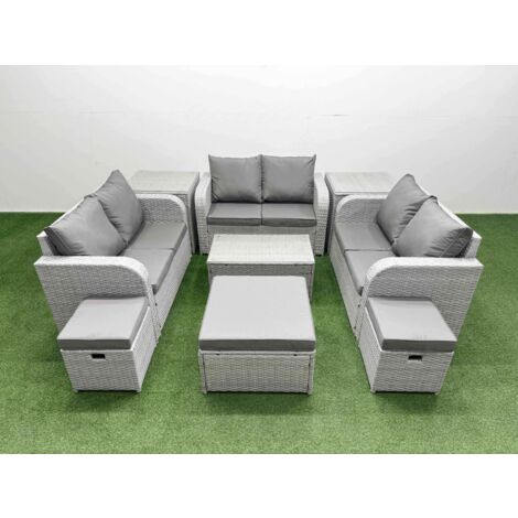 Fimous 9 Seater PE Wicker Rattan Furniture Sofa Sets with Rectangular Coffee Table 2 Seater Love Sofa 3 Stool Side Table Light Grey (1/5)