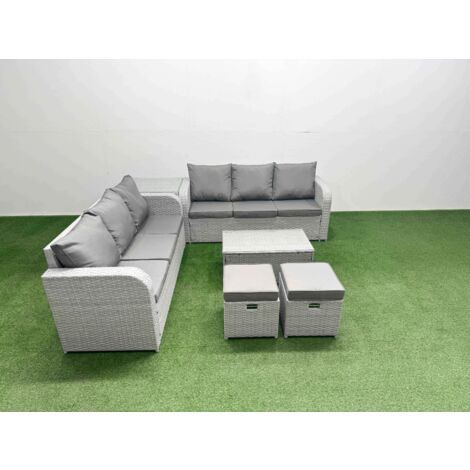Fimous Outdoor Garden Furniture Sets 8 Seater Wicker Rattan Furniture Sofa Sets with Rectangular Coffee Table high Back Lounge Sofa Stools Side Table Light Grey (1/5)