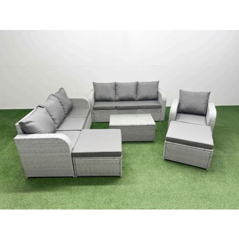Fimous 9 Seater Poly Rattan Outdoor Garden Furniture Sofa Set Patio 3 Seater Sofa Reclining Chair 3 Seater Sofa 2 Big Footstools Light Grey (1/5)