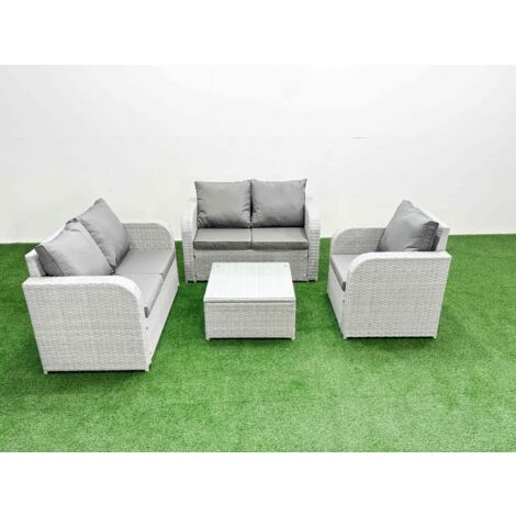 Fimous High Back Poly Rattan Garden Furniture Set with Reclining Chair Loveseat Sofa Square Coffee Table Indoor Outdoor Patio  Set Light Grey (1/5)