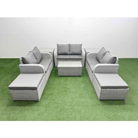 Fimous 8 Seater PE Wicker Rattan Furniture Sofa Sets with Rectangular Coffee Table 2 Seater Love Sofa 2 Big Footstool 2 Side Table Light Grey (1/5)