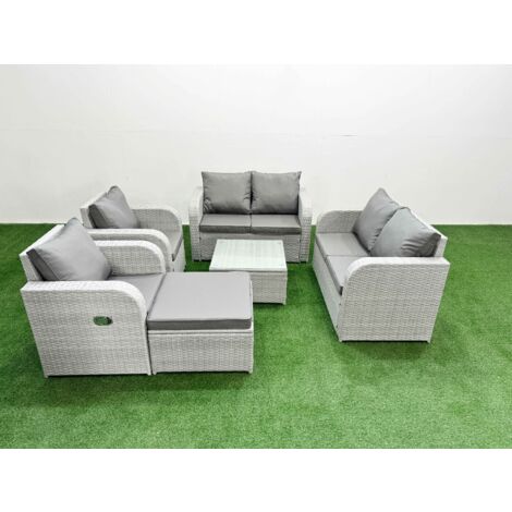 Fimous 7 Seater Outdoor Reclining Chair Love Sofa Set Rattan Garden Furniture Set with Square Coffee Table Footstool Light Grey (1/5)