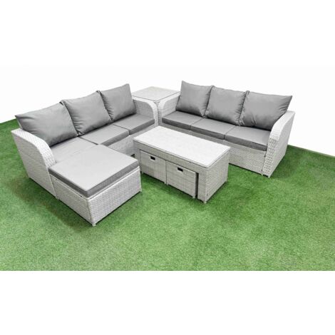 Fimous Outdoor Garden Furniture Sets 9 Seater Wicker Rattan Furniture Sofa Sets with Oblong Coffee Table high Back Lounge Sofa 3 Stools Side Table Light Grey (1/5)