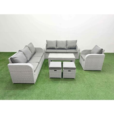 Fimous 9 Seater Poly Rattan Outdoor Garden Furniture Oblong Coffee Table Sofa Set Patio 3 Seater Sofa Reclining Chair 3 Seater Sofa Stools Light Grey (1/5)