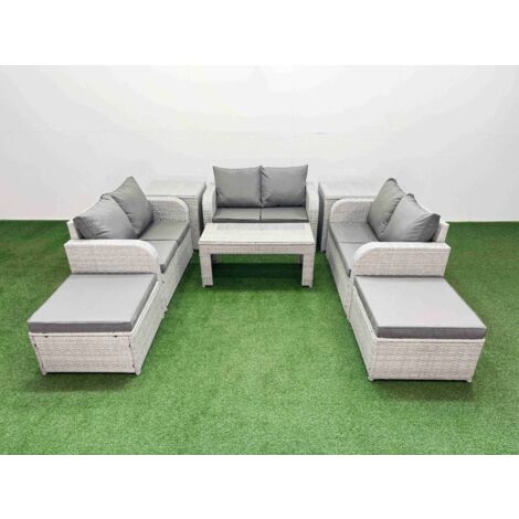 Fimous 8 Seater PE Wicker Rattan Furniture Sofa Sets with Oblong Coffee Table 2 Seater Love Sofa 2 Big Footstool 2 Side Table Light Grey (1/5)
