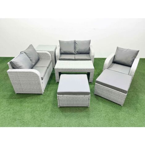 Fimous High Back Poly Rattan Garden Furniture Set with Reclining Chair Loveseat Sofa Oblong Coffee Table Indoor Outdoor Patio Set 2 Big Stool Side Table Light Grey (1/5)