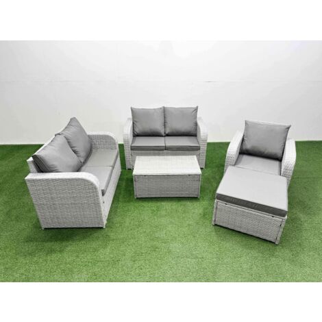 Fimous High Back Poly Rattan Garden Furniture Set with Reclining Chair Loveseat Sofa Rectangular Coffee Table Indoor Outdoor Patio Set Big Stool Light Grey (1/5)