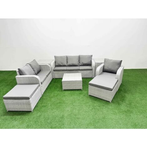 Fimous Patio PE Wicker 8 Seater Outdoor Rattan Furniture Sofa Sets with Square Coffee Table Reclining Chair Loveseat Sofa 3 Seater Sofa 2 Big Footstools 2 Side Table Light Grey (1/5)