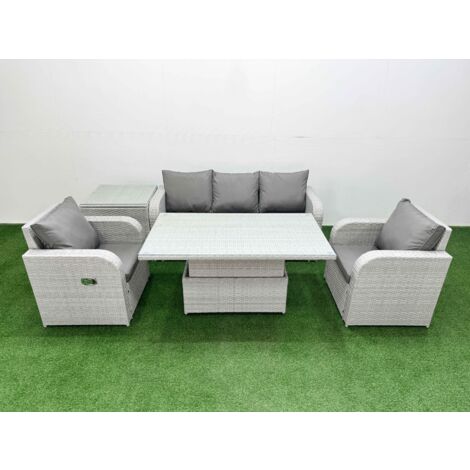 Fimous PE Rattan Garden Furniture Set Reclining Chair Sofa Lounge Sofa Set Adjustable Lifting Dining or Coffee Table Side Table Light Grey (1/5)